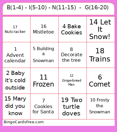 B(1-4) - I(5-10) - N(11-15) - G(16-20) Bingo Card