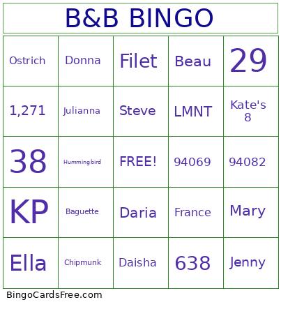 B&B Bingo Card