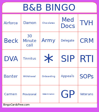 B&B Bingo Card