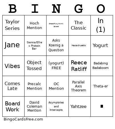 B-Block Bingo Card
