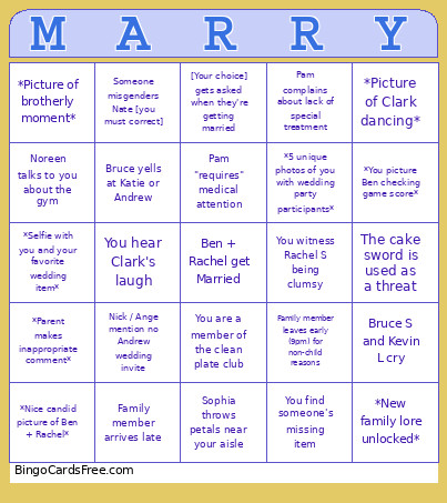 B+R Wedding Bingo Card