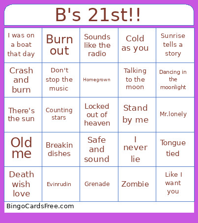 B's 21st!! Bingo Card