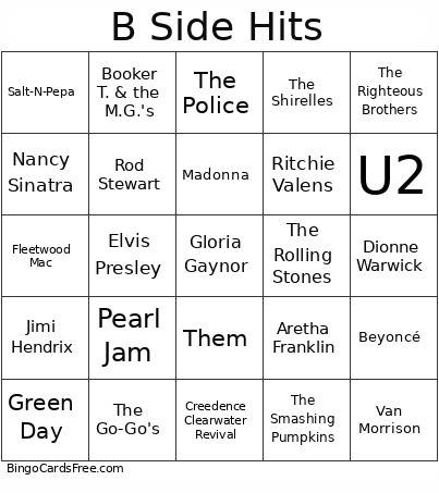 B Side Hits Bingo Card