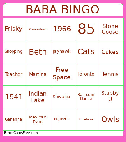 Baba Bingo Card