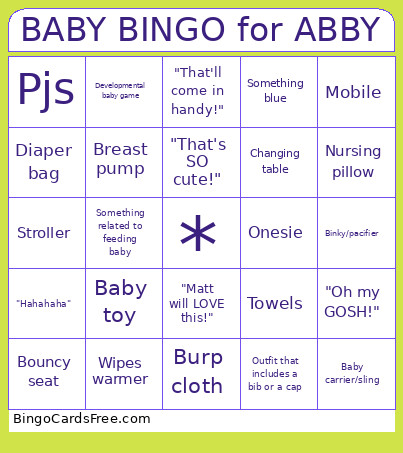 BABY For ABBY Bingo Card