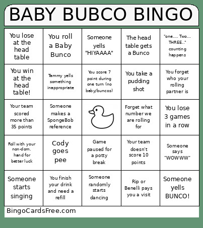 Baby Bunco Bingo Card