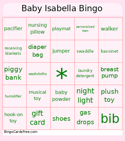 Baby Isabella Bingo Card