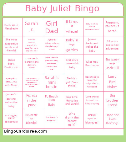Baby Juliet Bingo Card