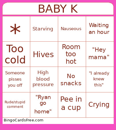 Baby K Bingo Card