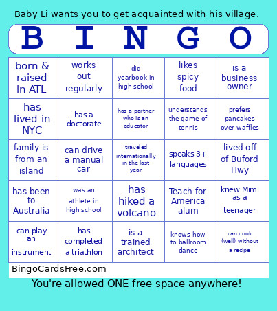 Baby Li Bingo Card