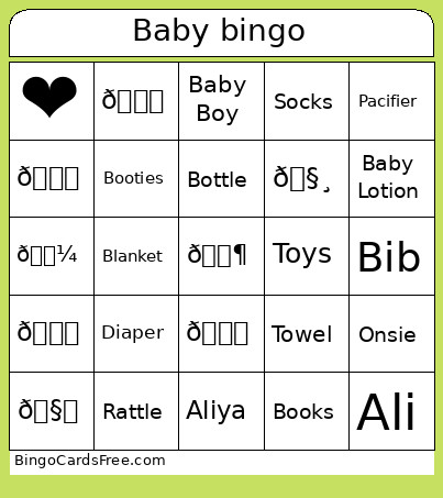 Baby Shower Bingo Card