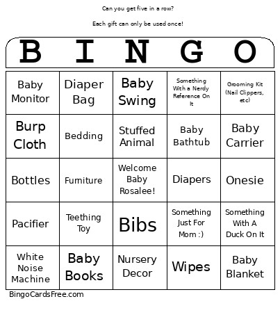Baby Shower Bingo Card 2