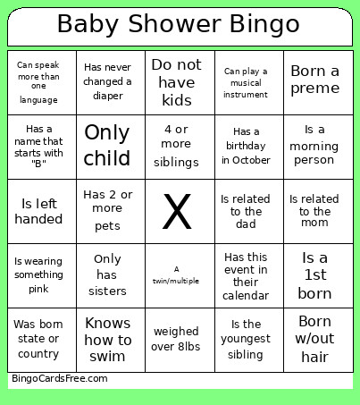 Baby Shower Bingo Card