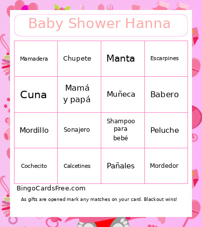 Baby Shower Hanna Bingo Card