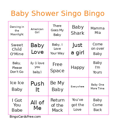 Baby Shower Singo Bingo Card
