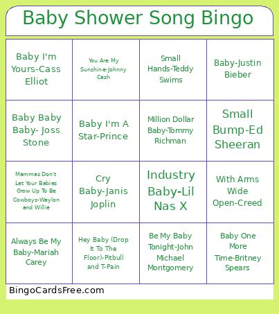 Baby Shower Song Bingo