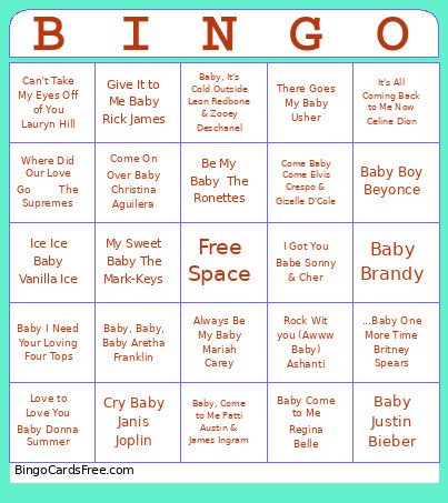 Baby Songs Bingo Card
