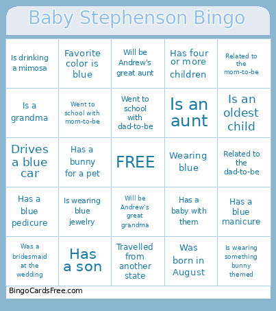 Baby Stephenson Bingo Card