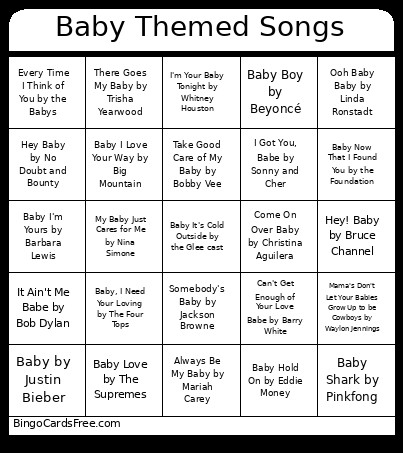 Baby Themed Songs Bingo Card