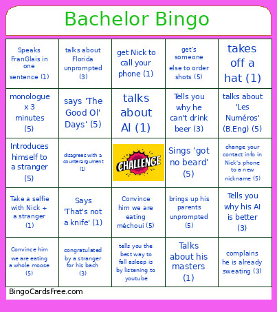 Bachelor Bingo Card