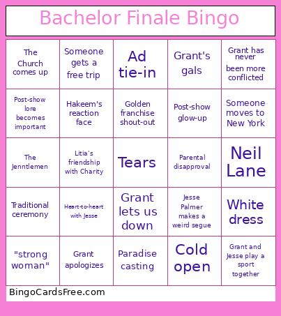 Bachelor Finale Bingo Card