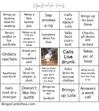 Bachelor Party Bingo Card
