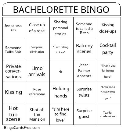 TRASH TV Bingo Cards Free Pdf Printable Game, Title: BACHELORETTE BINGO