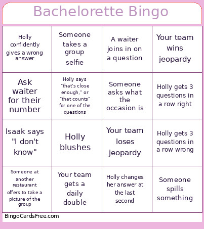 Bachelorette Bingo Card