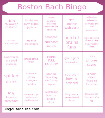 Bachelorette Party Bingo Card