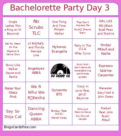 Bachelorette Party Day 3 Bingo Card