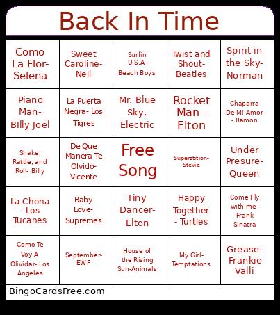 Back In Time Bingo Card