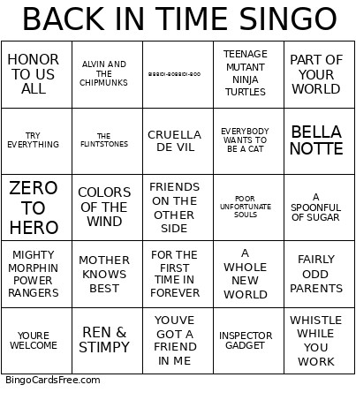 BACK IN TIME SINGO Bingo Card