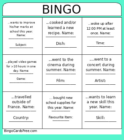 Back To School Bingo Card