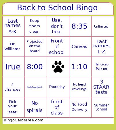 Back To School Bingo Card