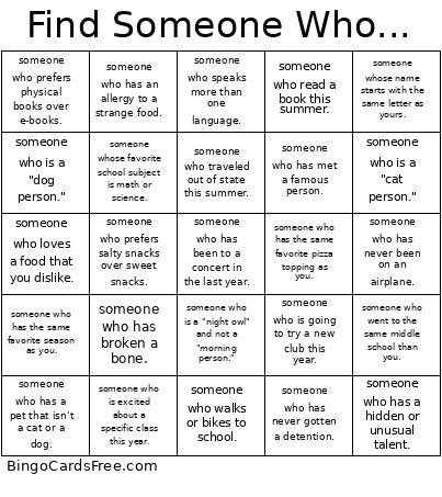 Back To School Bingo Card