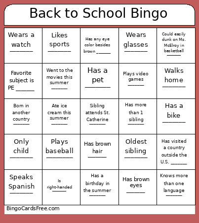 Back To School Bingo Card