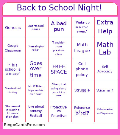 Back To School Night! Bingo Card