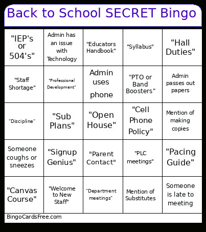 Back To School SECRET Bingo Card