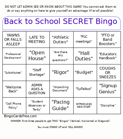 Back To School SECRET Bingo Card