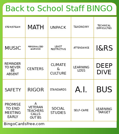 Back To School Staff Bingo Card