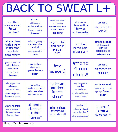 Back To Sweat L+ Bingo Card