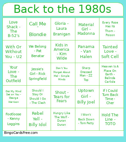 Back To The 1980s Bingo Card