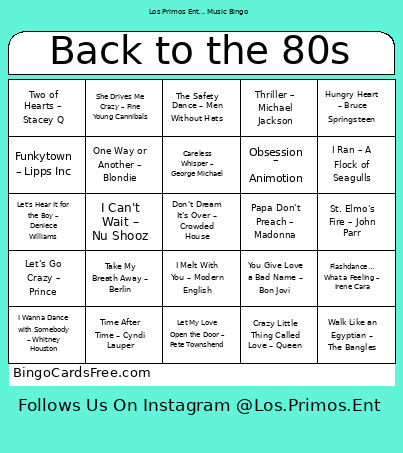 Back To The 80s Bingo Card