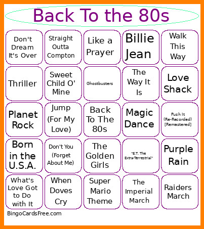 Back To The 80s Bingo Card