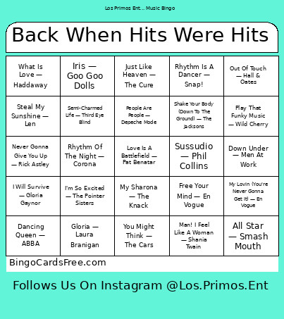Back When Hits Were Hits Bingo Card
