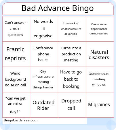 Bad Advance Bingo Cards Free Pdf Printable Game, Title: Bad Advance Bingo