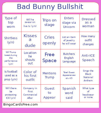 Bad Bunny Bullshit Bingo Card