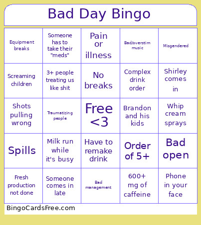 Bad Day Bingo Card