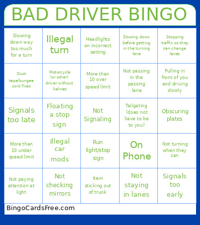 Bad Driver Bingo Card