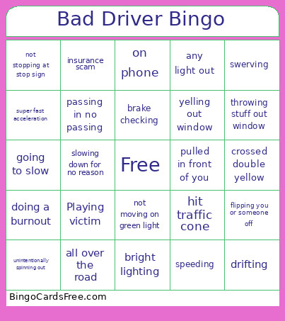Bad Driver Bingo Card